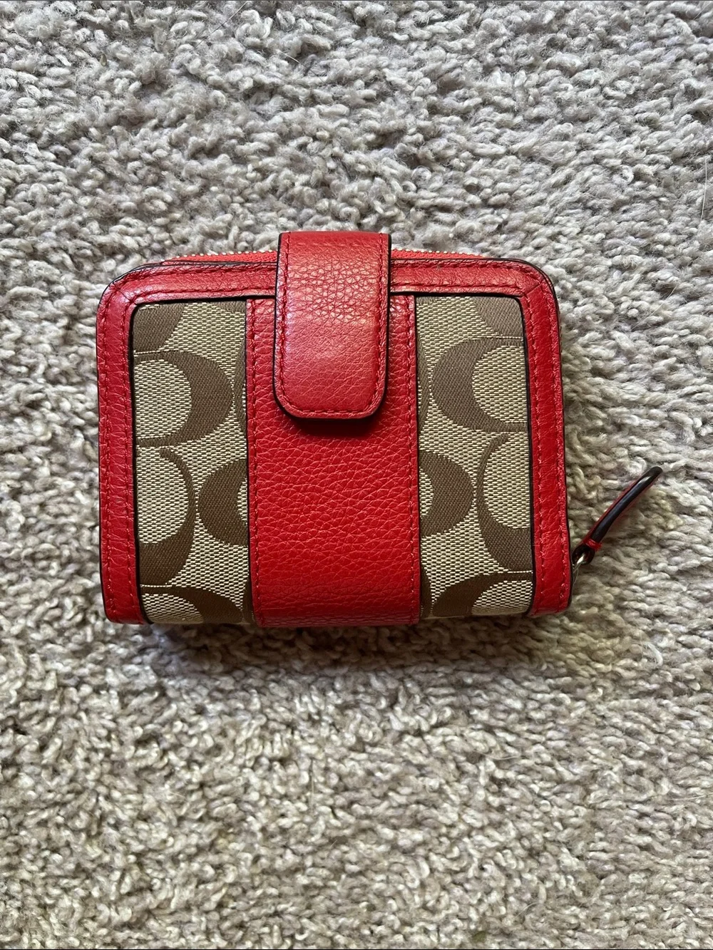 Coach Red Leather & Brown Signature Canvas Zip Card Wallet